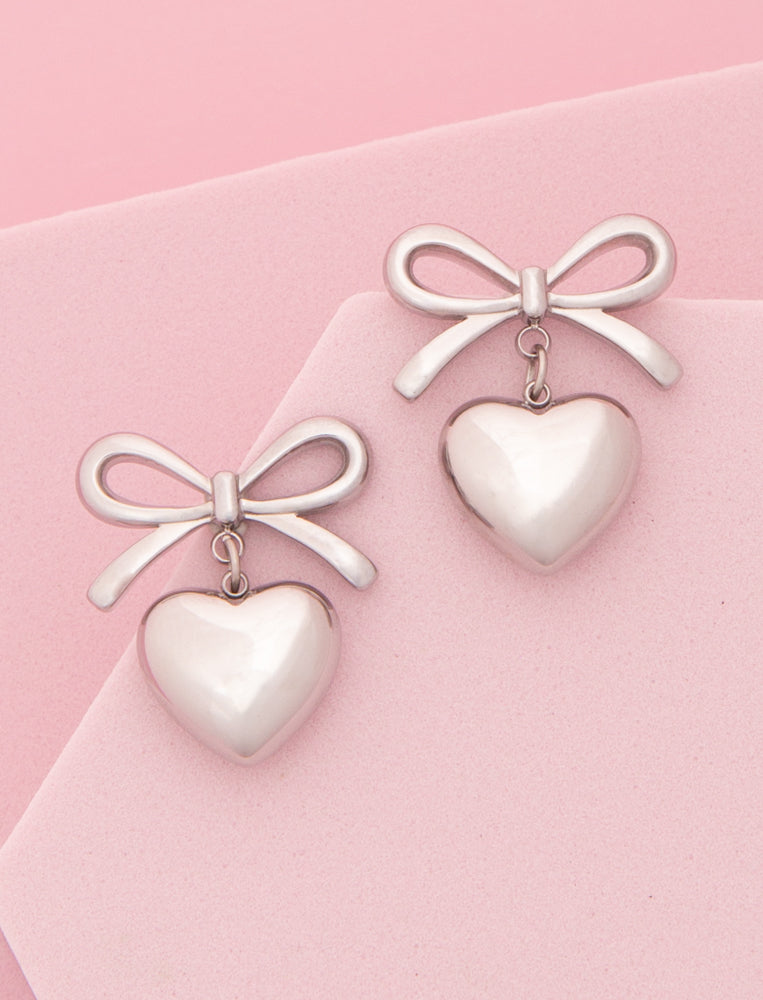 Arabella Polished Short Tail Bow Puff Heart Charm Post Dangle Earring