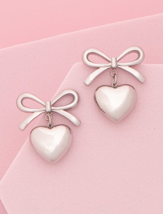 Arabella Polished Short Tail Bow Puff Heart Charm Post Dangle Earring