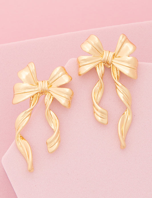 Ariel Textured Finish Long Tail Bow Ribbon Post Drop Earrings