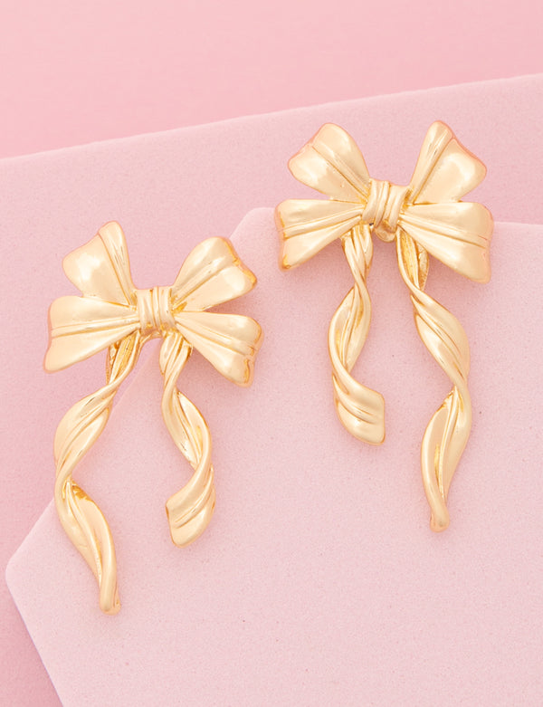 Ariel Textured Finish Long Tail Bow Ribbon Post Drop Earrings
