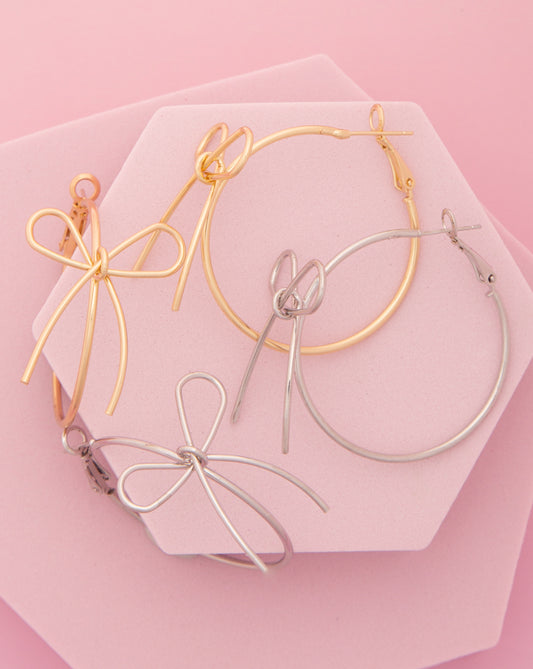 Gabriela Polished Open Long Tail Bow Wire Hoop Earrings