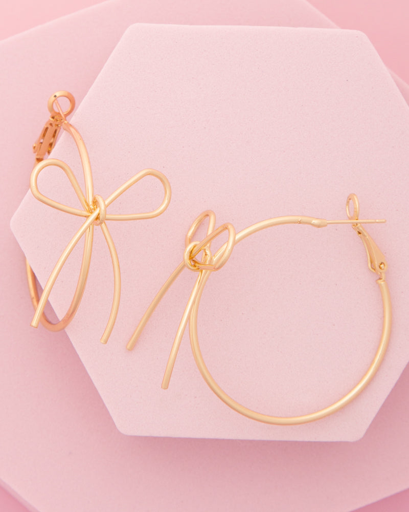 Gabriela Polished Open Long Tail Bow Wire Hoop Earrings | Gold