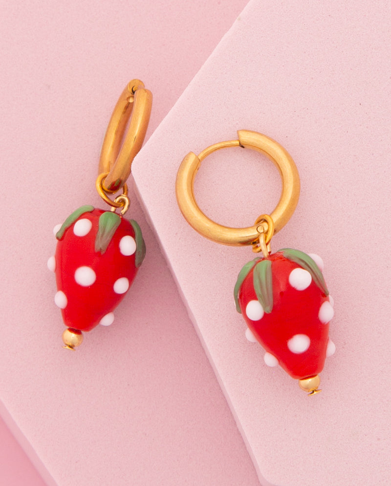 Sydney Colorful Enamel Strawberry Charm Huggie Hoop Earrings | Pink