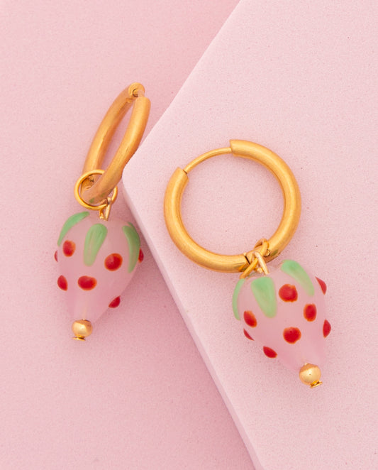Sydney Colorful Enamel Strawberry Charm Huggie Hoop Earrings | Pink