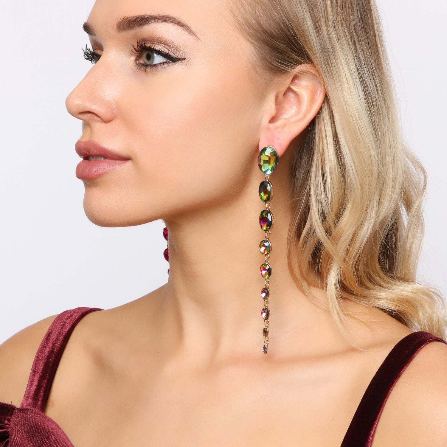 Genesis Oval Drop Rhinestone Post Earrings | Green Rainbow