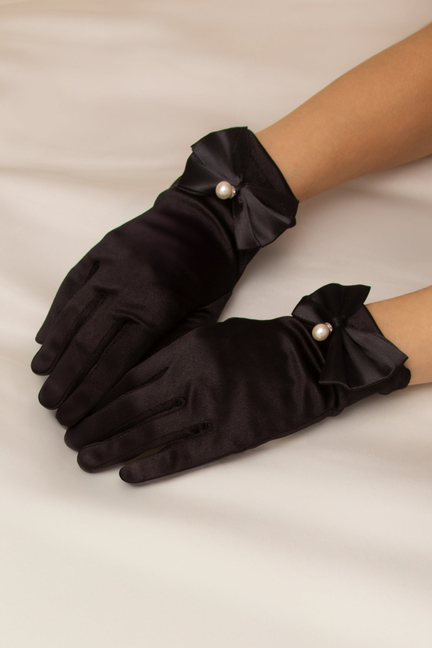 Julia Bridal Wrist Satin Gloves with Pearl Drop Bow Accent | Black
