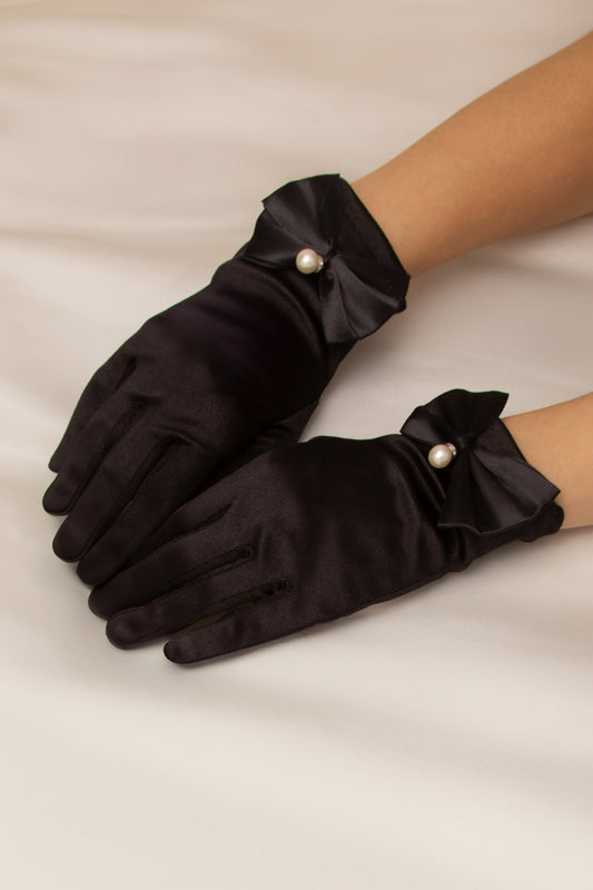 Julia Bridal Wrist Satin Gloves with Pearl Drop Bow Accent | Black