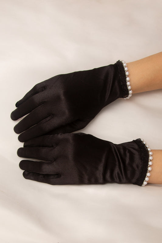 Perla Pearl Trim Satin Wrist Gloves | Black