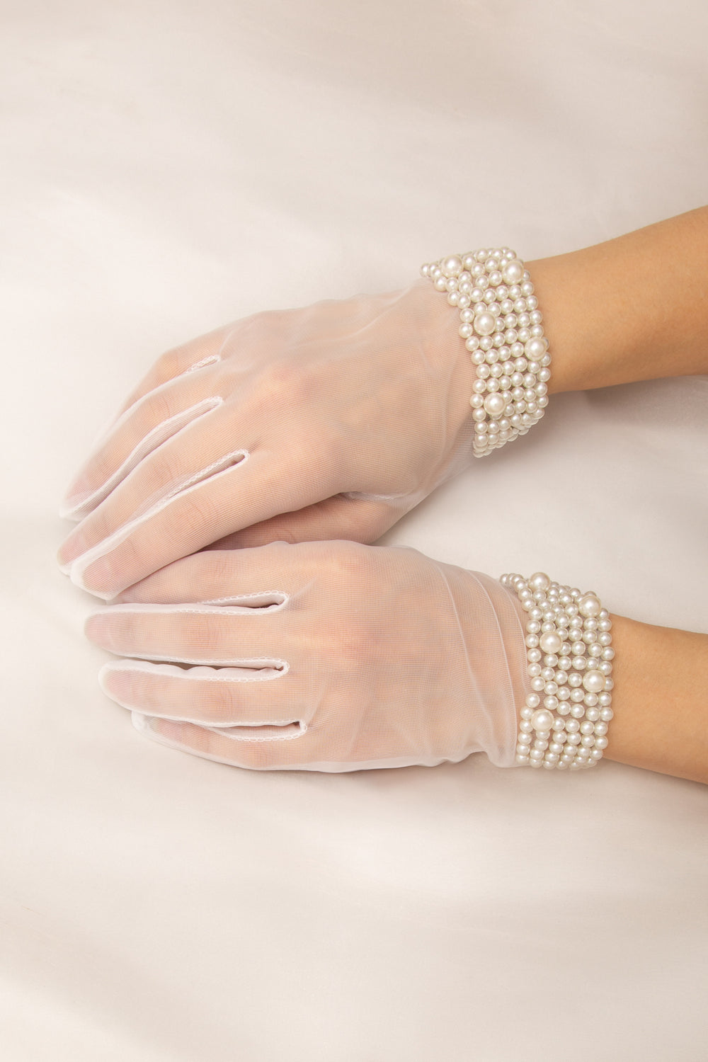 Sherry Sheer Mesh Wrist-Length Gloves with Pearl Beaded Cuff