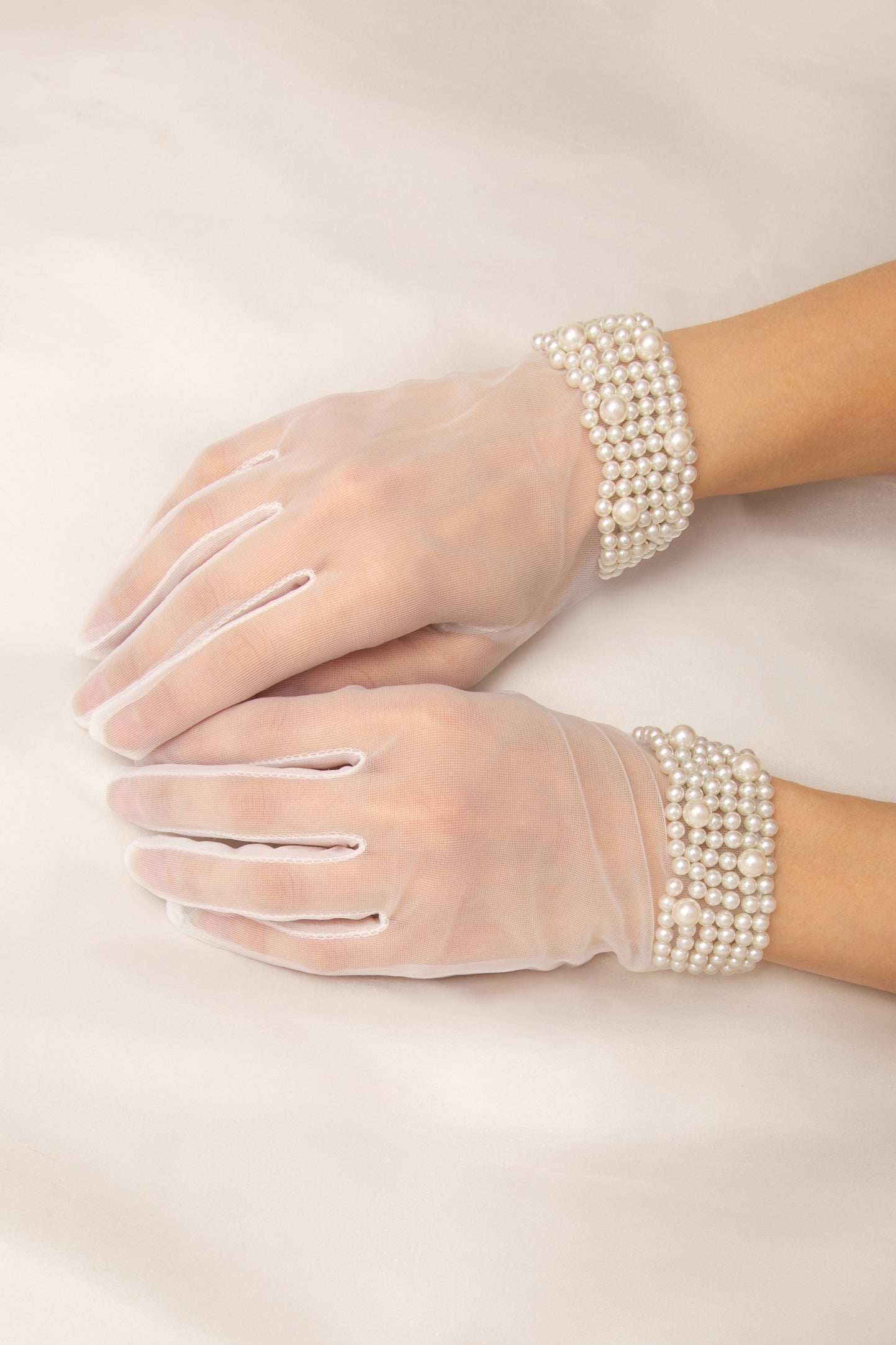 Sherry Sheer Mesh Wrist-Length Gloves with Pearl Beaded Cuff