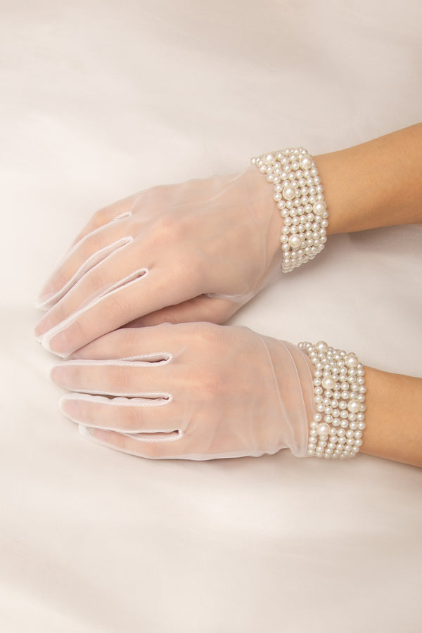 Sherry Sheer Mesh Wrist-Length Gloves with Pearl Beaded Cuff