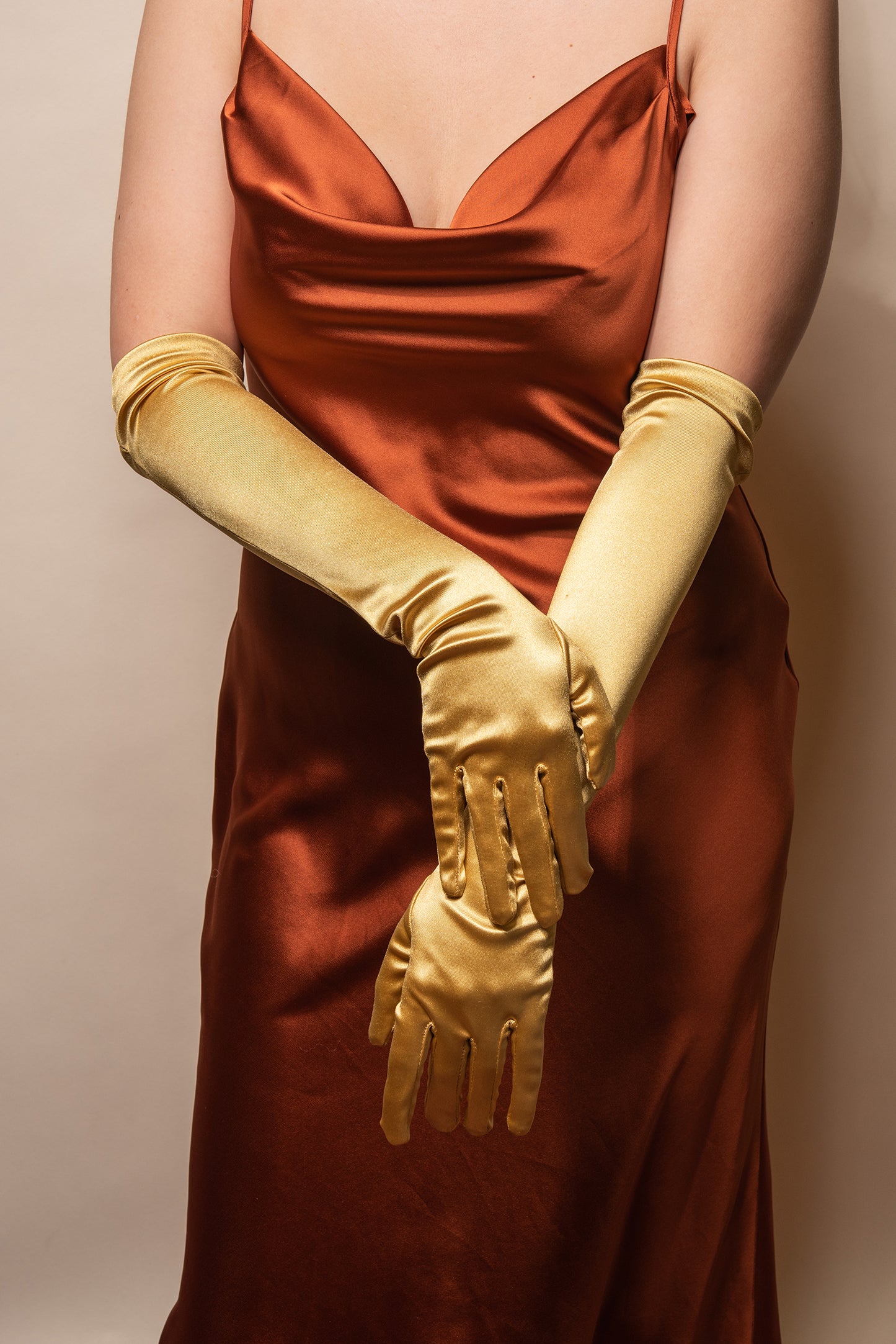 satin dress gloves Ladivine CD886 strapless stretch gowns satin gown with detachable gloves DUSTY BLUE / 6