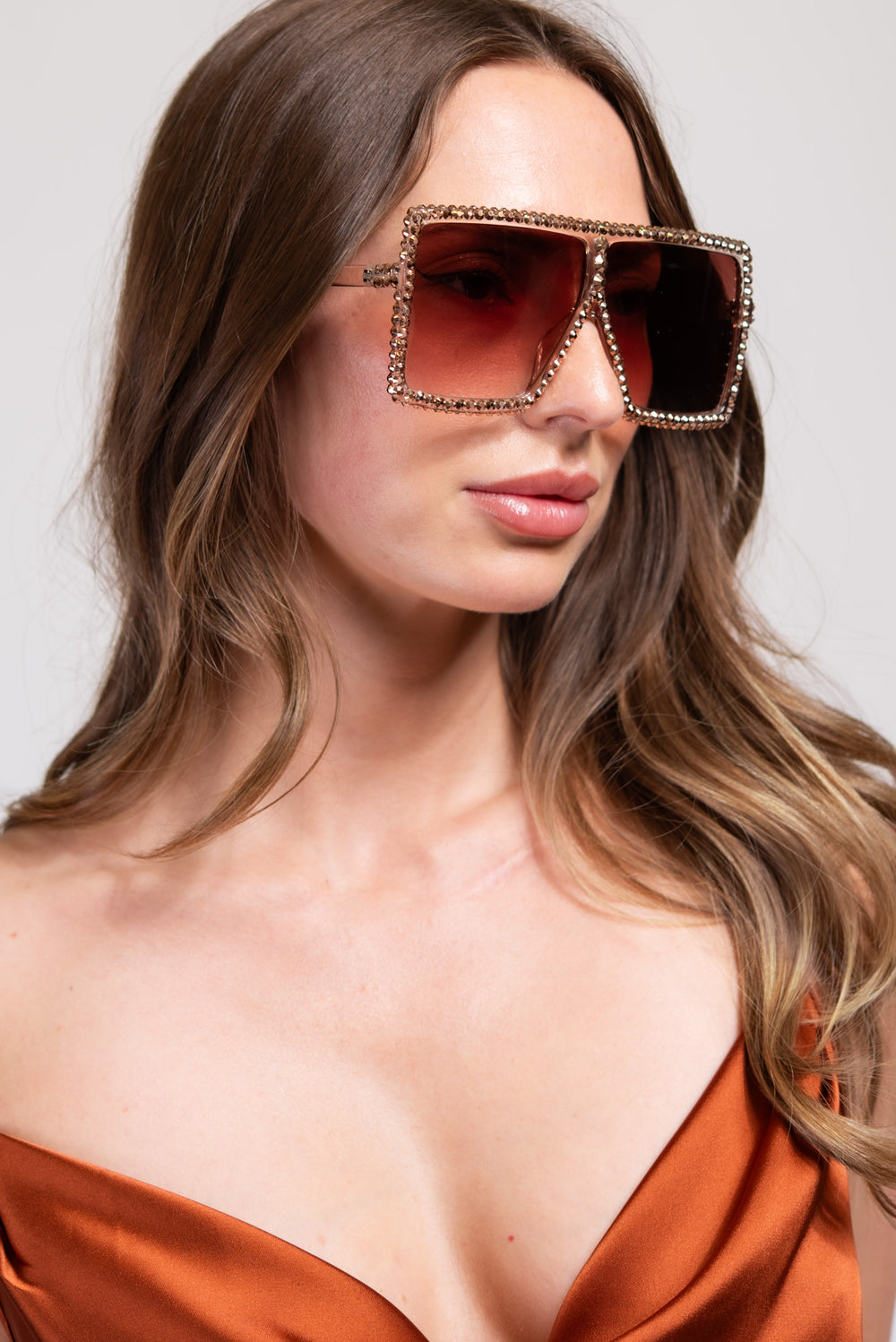 Fame Oversized Square Rhinestone Sunglasses - Rose Taupe
