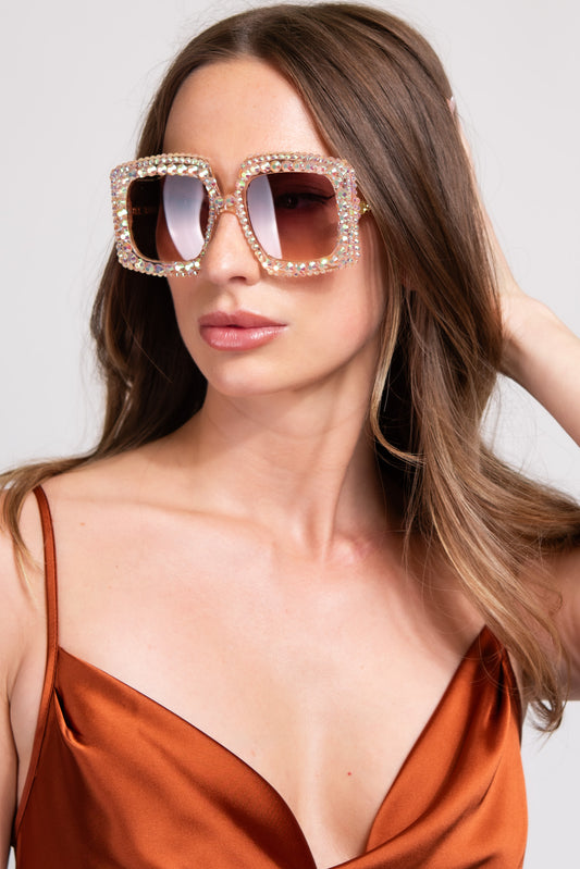 Anita Rectangular Rhinestone Sunglasses - Beige