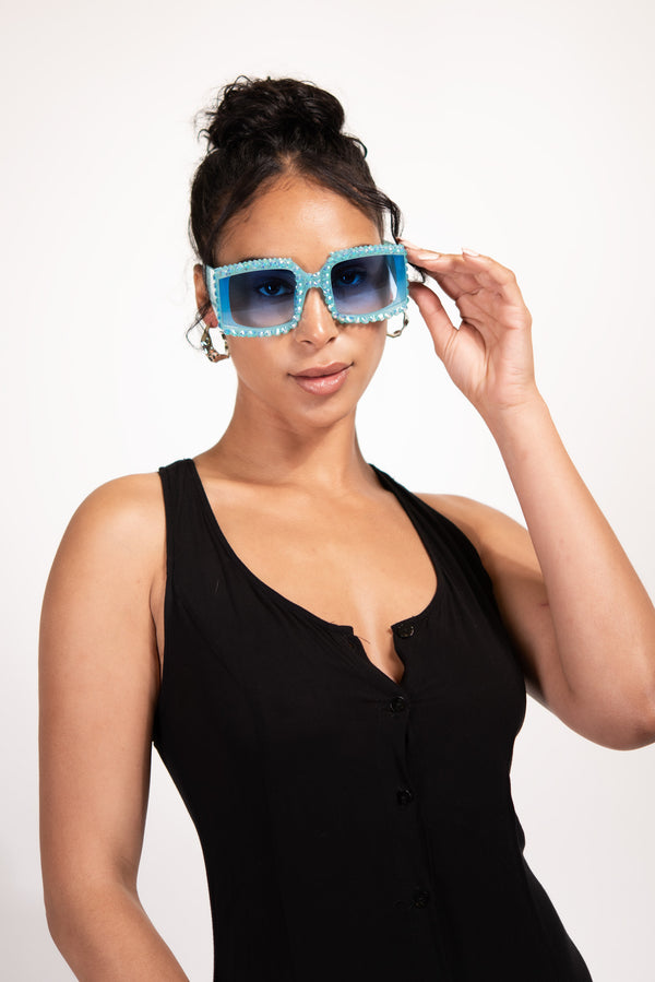 Azura Sparkly Rhinestone Crystal Rectangle Sunglasses - Aqua