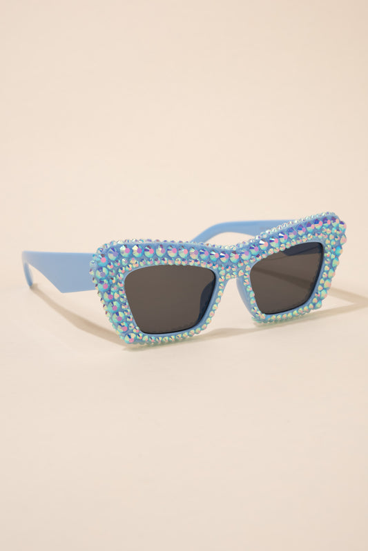 Alison Retro Cat Eye Rhinestone Sunglasses - Sky Blue