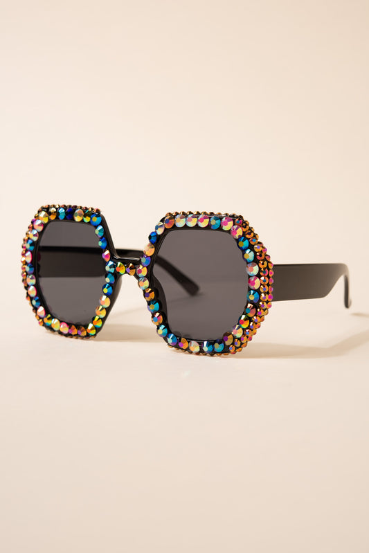 Regina Hexagon Frame Rhinestone Sunglasses - Black Multi