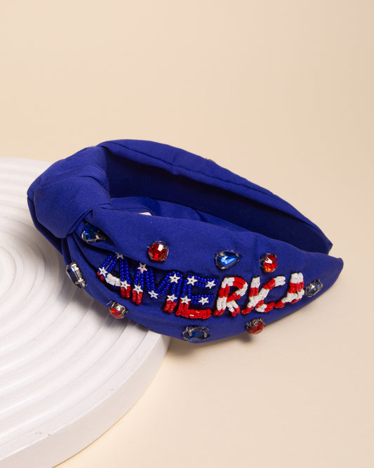 Kate "America" Patriotic Rhinestone Beaded Embroidery Headband | Blue