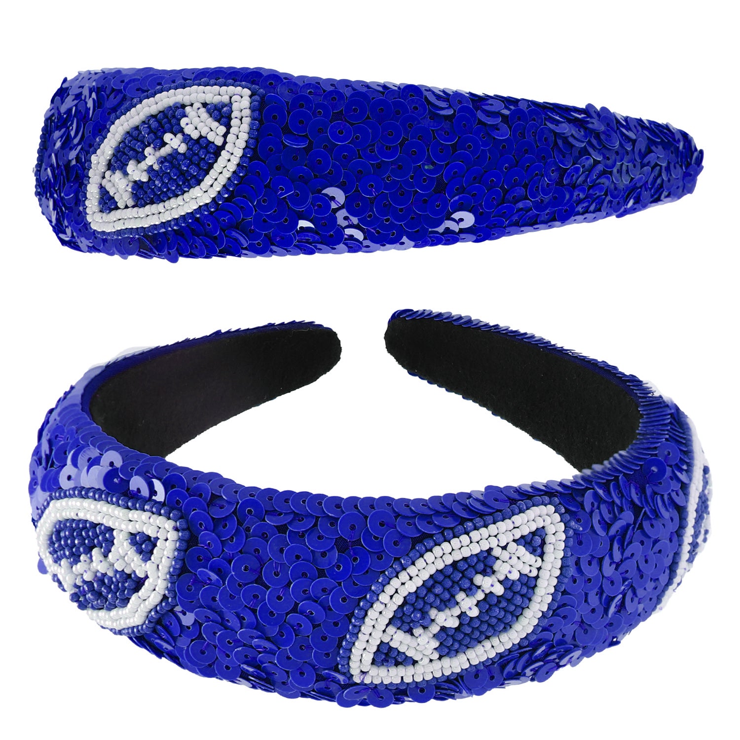 Olivia Two-Tone Football Sequins Seed Beaded Head Band | Royal Blue & White