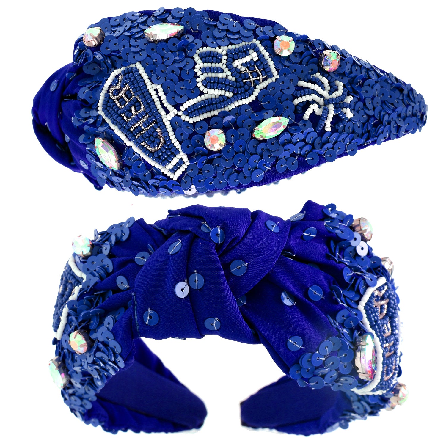 Isabella Number 1 Hand Top Knotted Jeweled Beaded Headband | Royal Blue & White