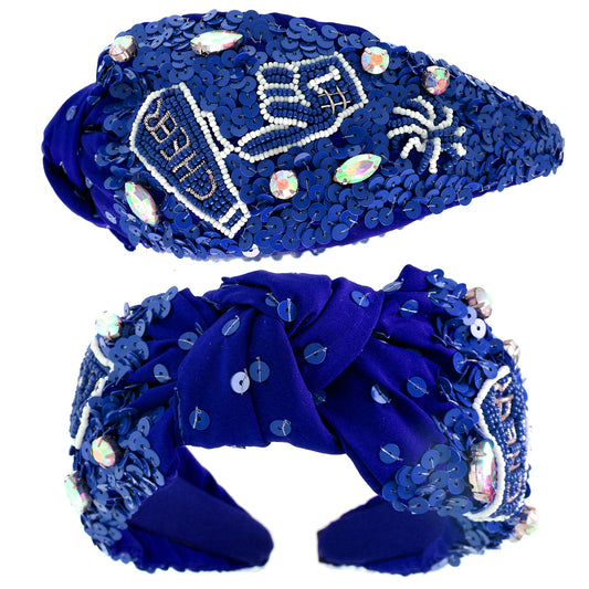 Isabella Number 1 Hand Top Knotted Jeweled Beaded Headband | Royal Blue & White