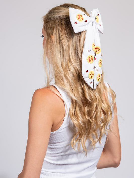 Mia Baseball Embroidered Bow Barrette Hair Clip | White & Yellow