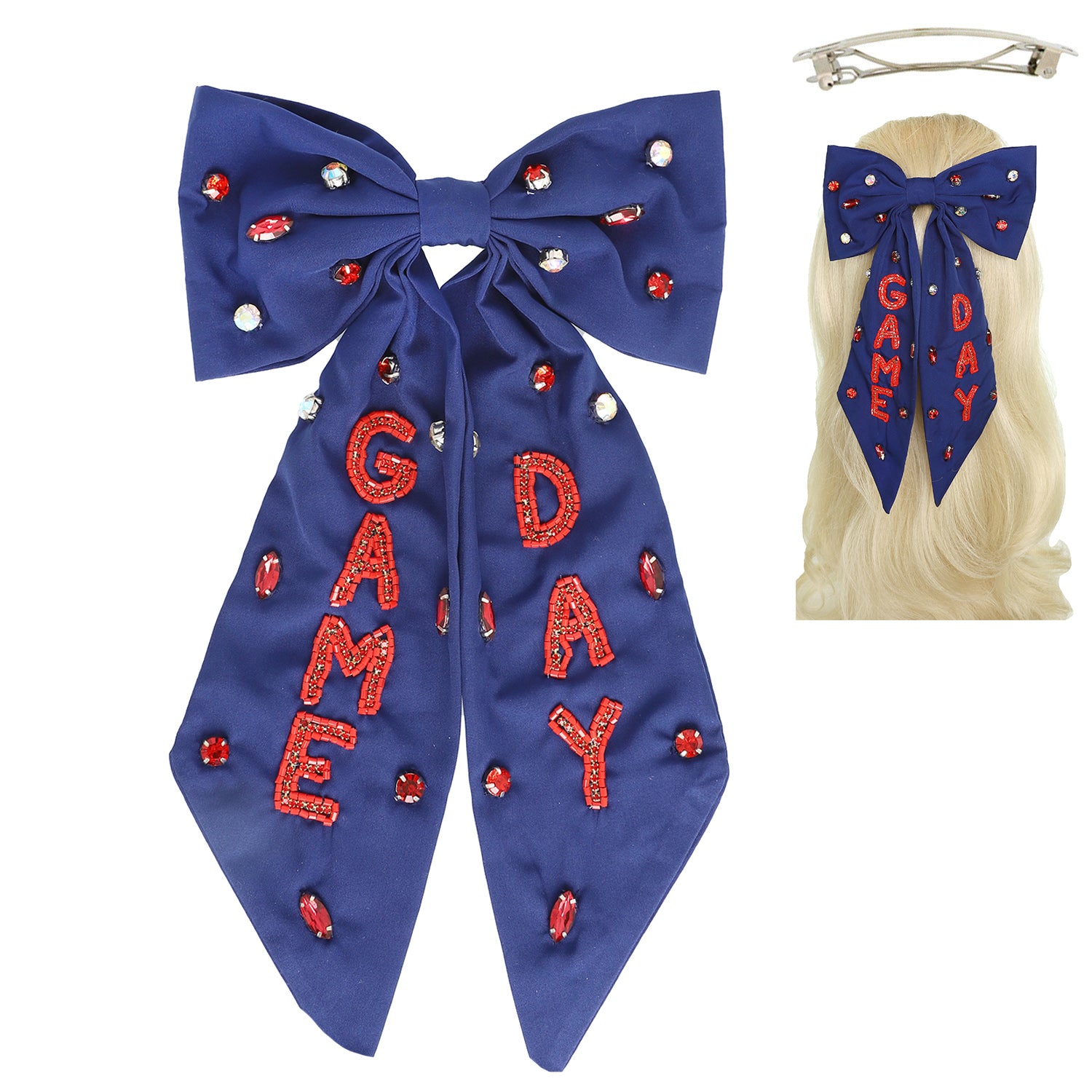 Elizabeth Game Day Gemstone Bow Barrette Hair Clip | Red & White