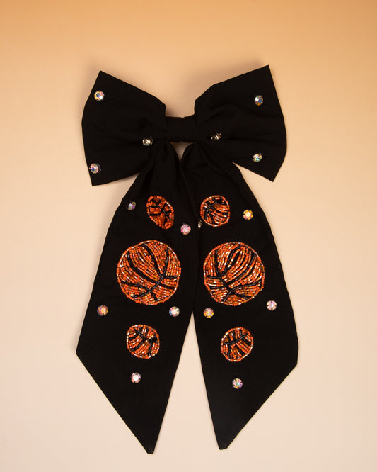 Jayleen GameDay Basketball Crystal Stone Bead Bow Barrette Hair Clip | Black