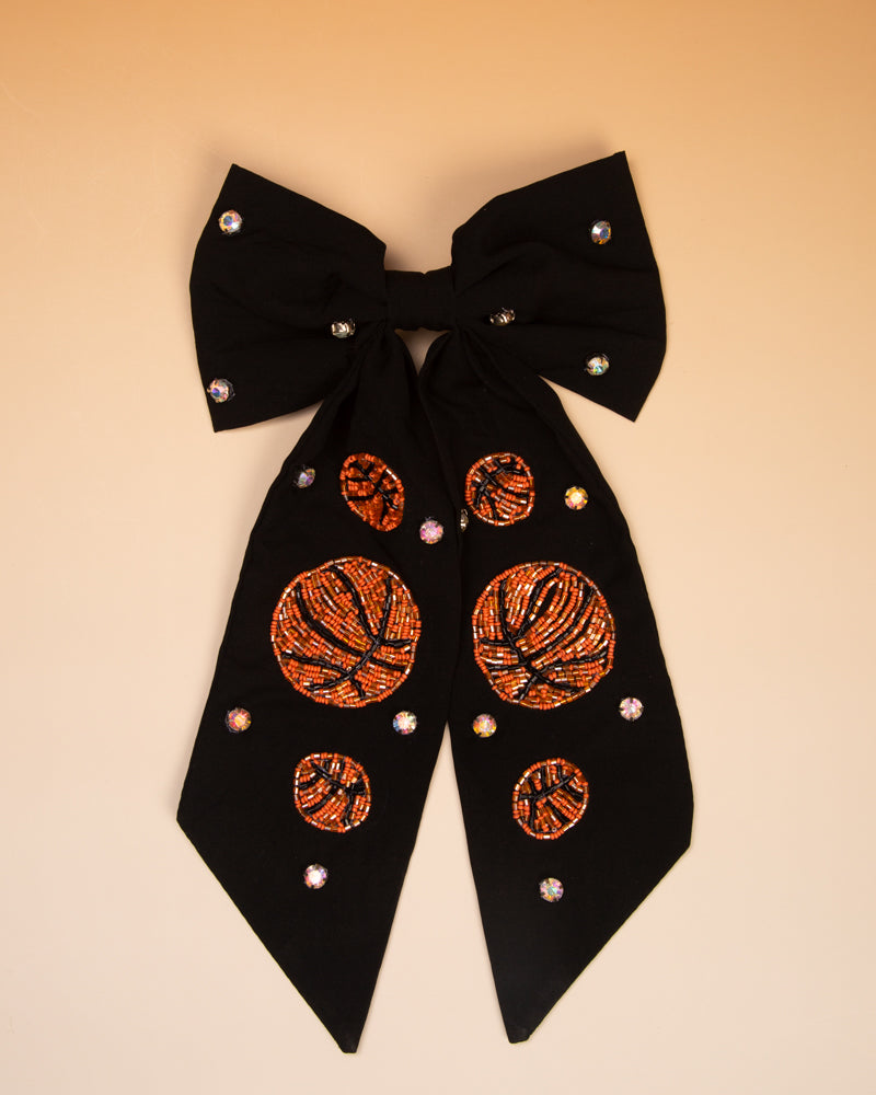 Jayleen GameDay Basketball Crystal Stone Bead Bow Barrette Hair Clip | Black