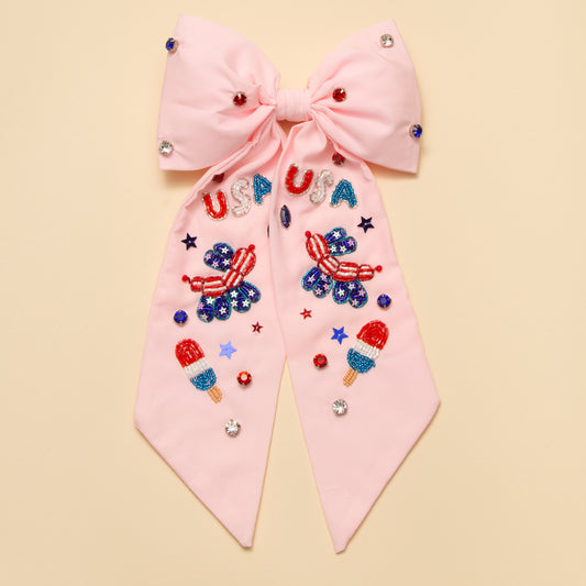 Isla  Crystal Star Sequins Seed Beaded Balloon Dog Bow Barrette | Pink