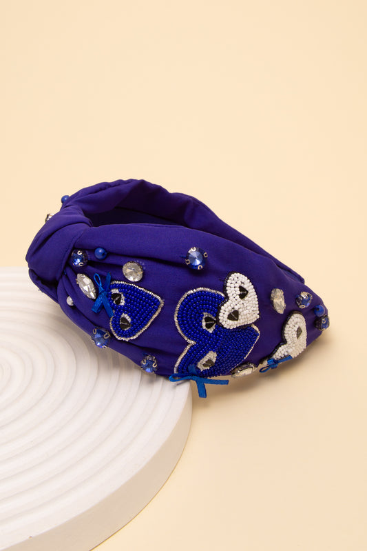 Nora Game Day Heart Crystal Seed Beaded Top Knotted Headband | Blue White