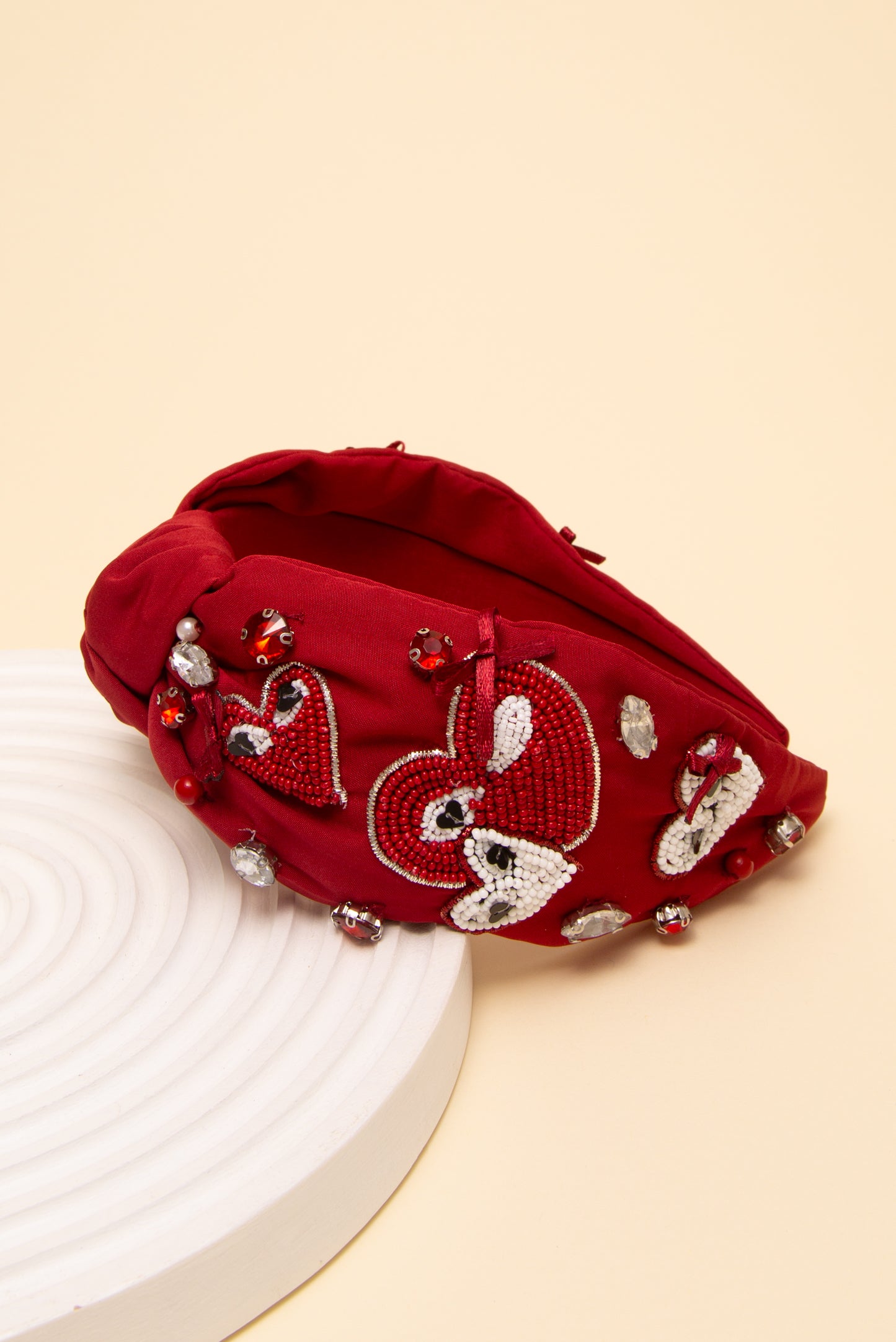 Nora Game Day Heart Crystal Seed Beaded Top Knotted Headband
