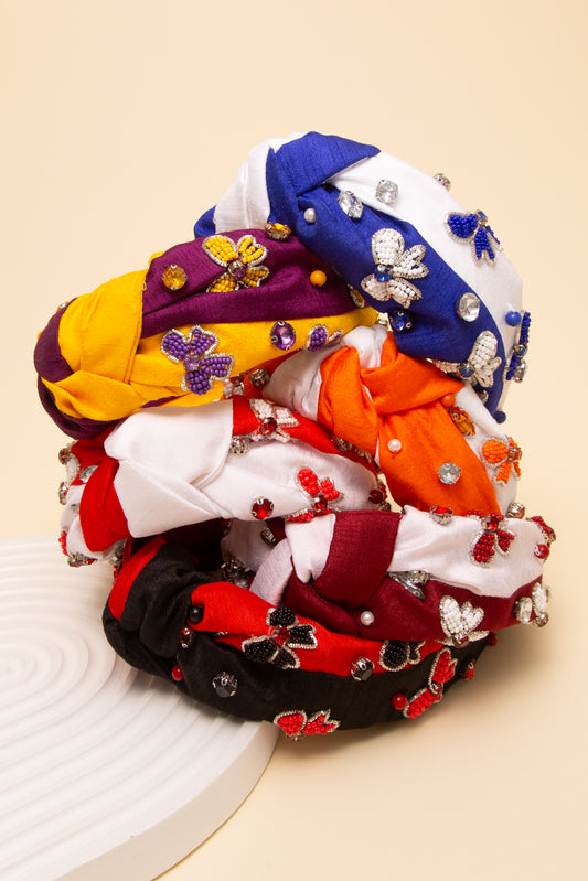 Claudia Game Day Bow Crystal Seed Beaded Top Knotted Fabric Headband