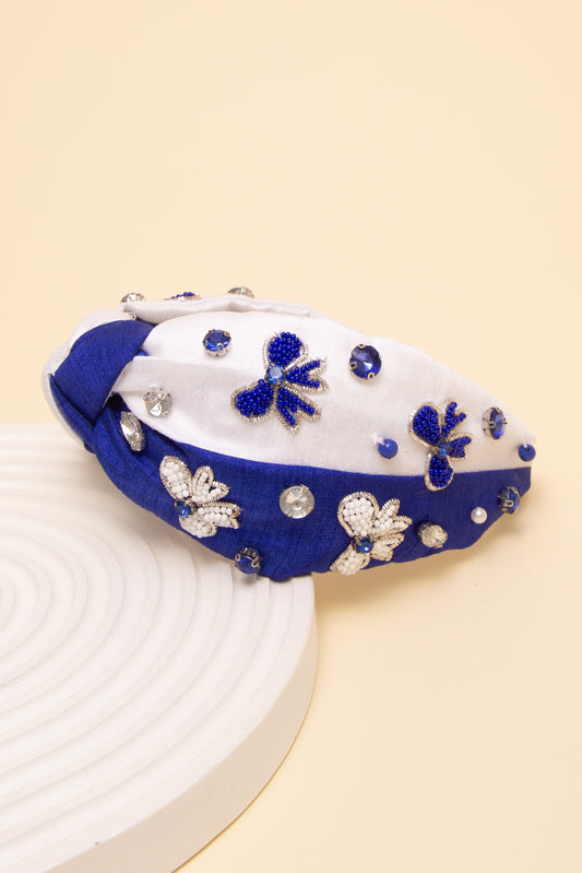 Claudia Game Day Bow Crystal Seed Beaded Top Knotted Fabric Headband | Blue White