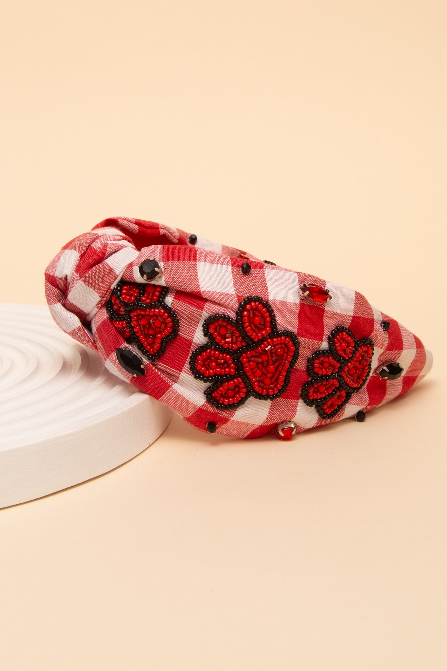 Ava Gameday Paw Top Knotted Gingham Style Headband | Black Red