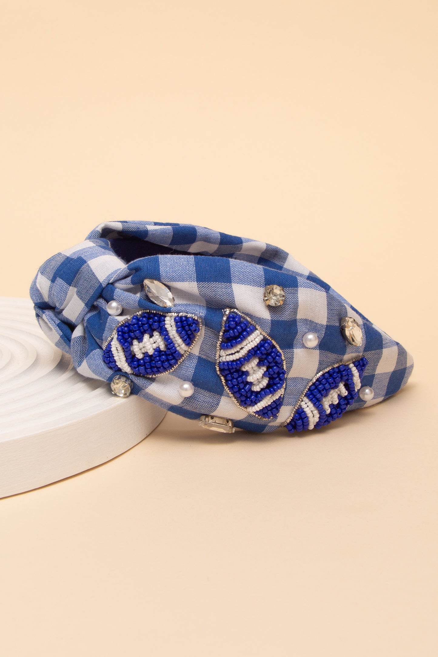 Eleanor Gameday Football Top Knotted Gingham Style Headband | Blue White 