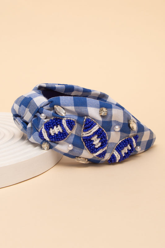 Eleanor Gameday Football Top Knotted Gingham Style Headband | Blue White 