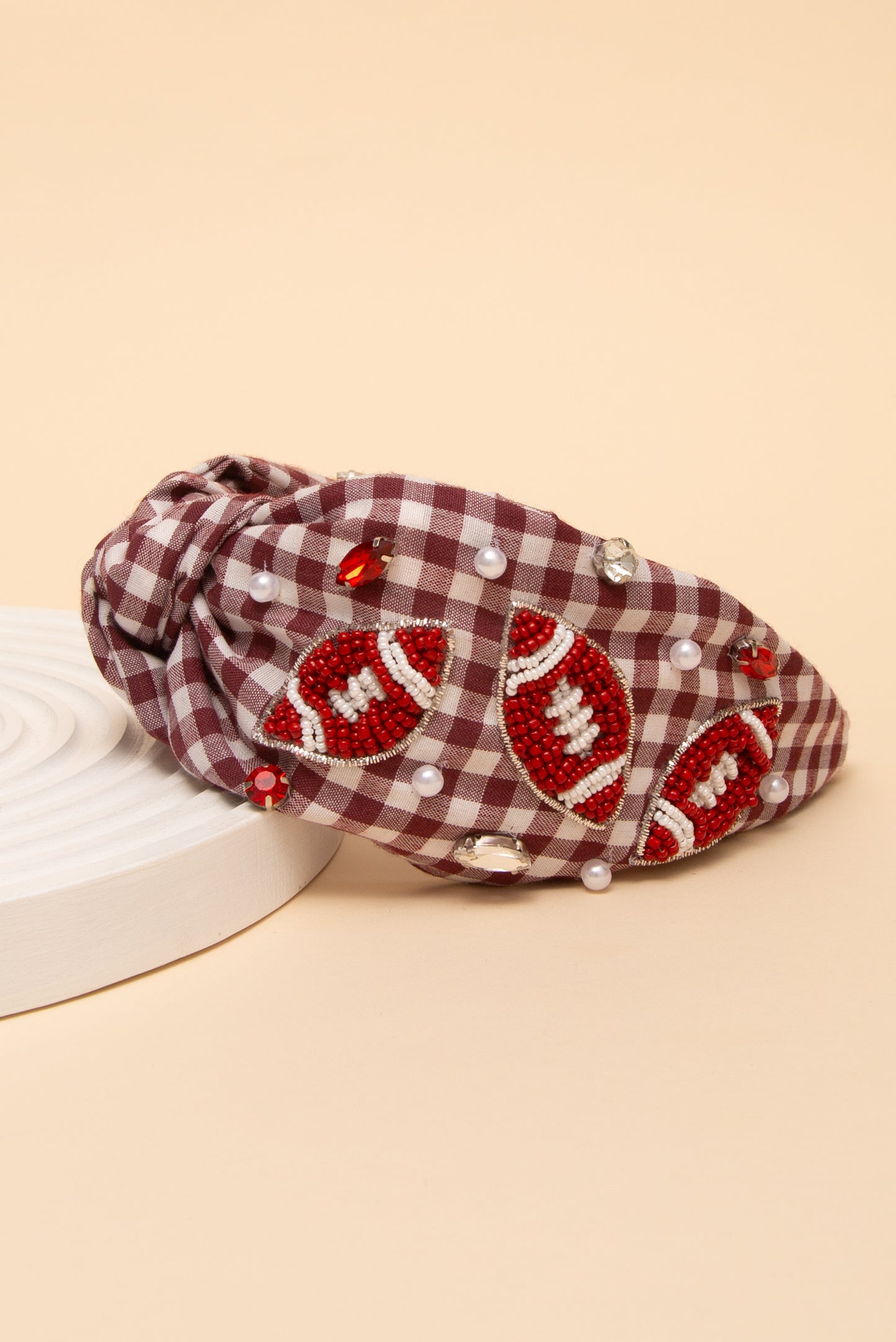 Eleanor Gameday Football Top Knotted Gingham Style Headband | Burgundy & White