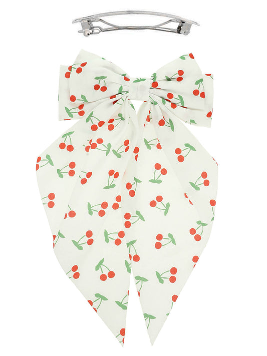 Maya  Flower Cherry Pattern Graphic Print Bow Barrette Hair Clip | White