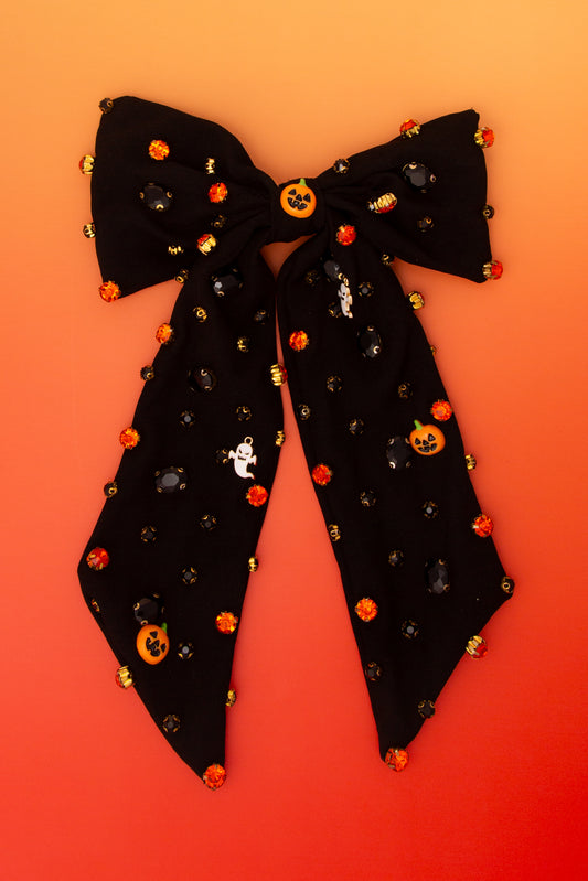 Iris Halloween Bow Barrette Hair Clip with Enamel Jack-O’-Lantern