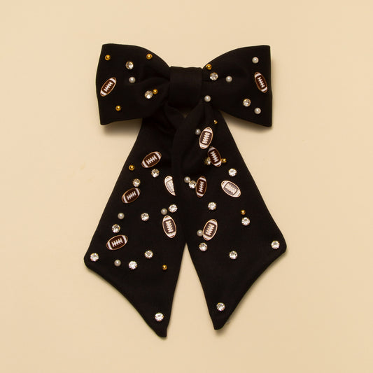 Hailey Football Charm Crystal Pearl Embellished Bow Barrette | Black
