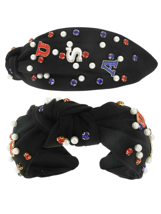 Savannah American Flag USA Crystal Pearl Rhinestone Beaded Headband | Black