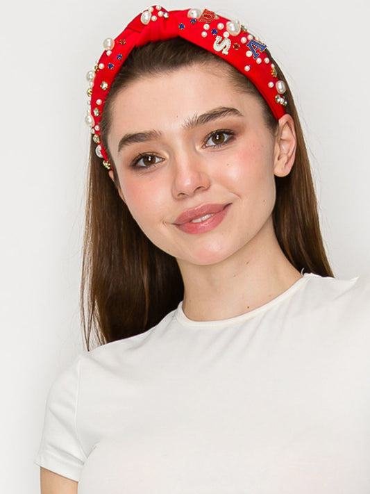 Savannah American Flag USA Crystal Pearl Rhinestone Beaded Headband