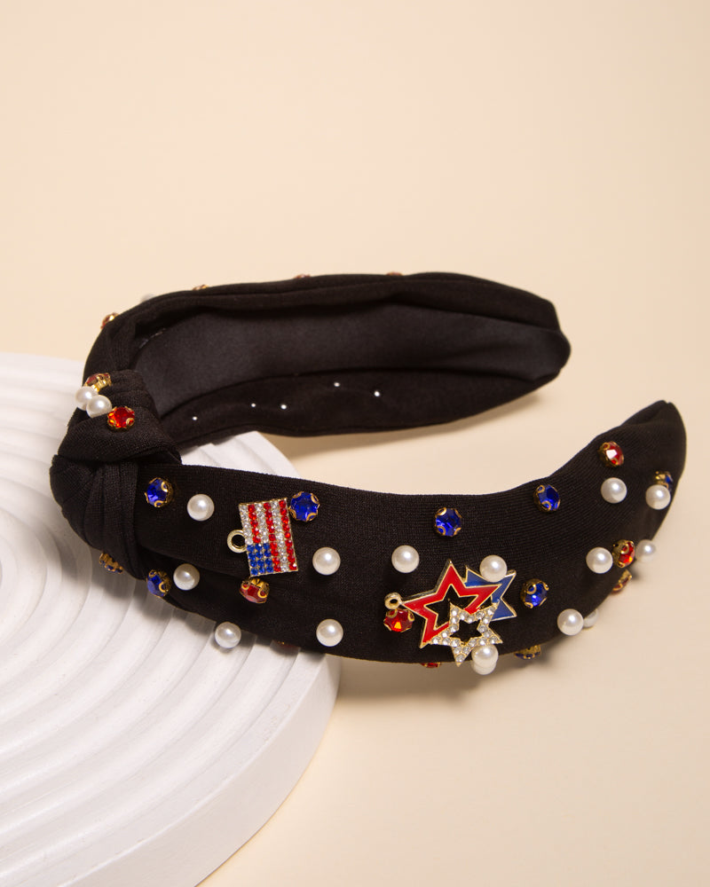 Veronica American Flag Rhinestone Pave Charm Crystal Pearl Headband