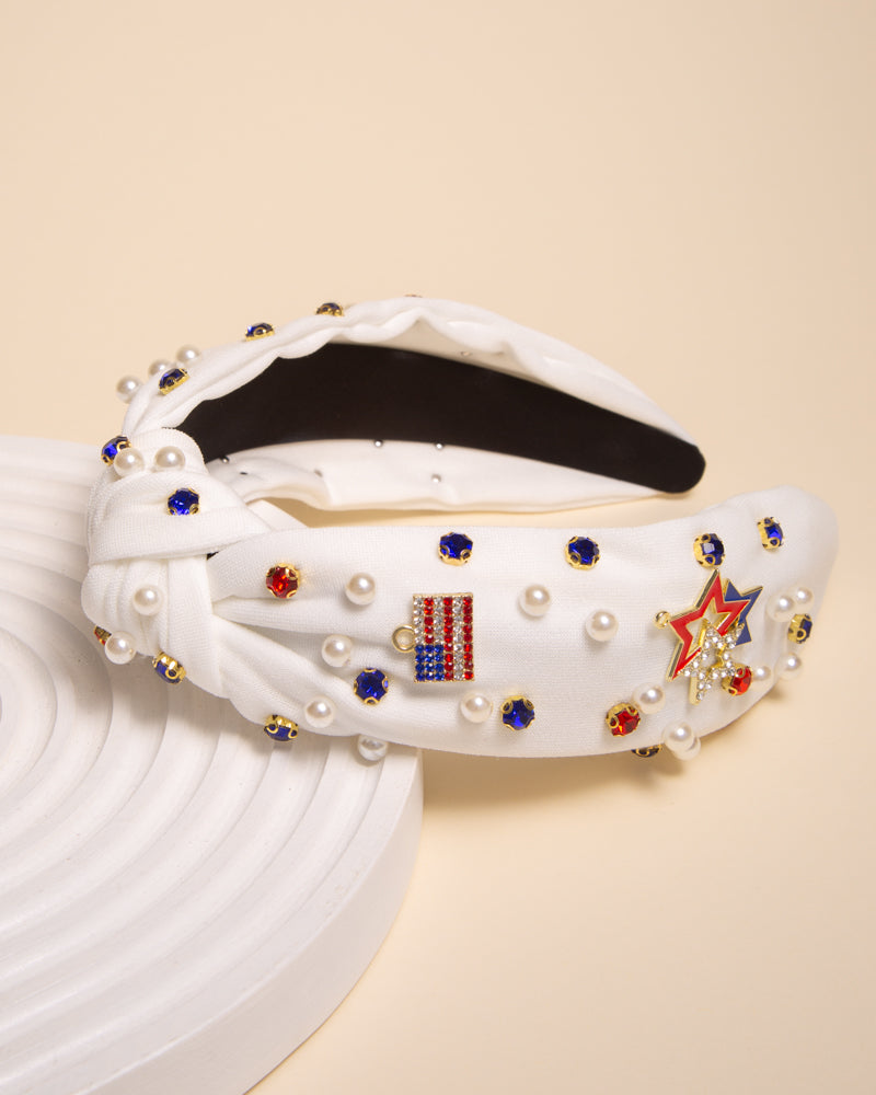 Veronica American Flag Rhinestone Pave Charm Crystal Pearl Headband