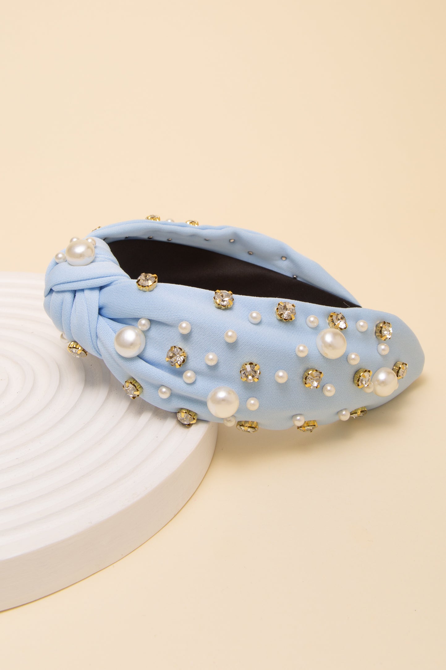 Elizabeth Rhinestone and Pearl Embellished Top Knot Headband | Blue