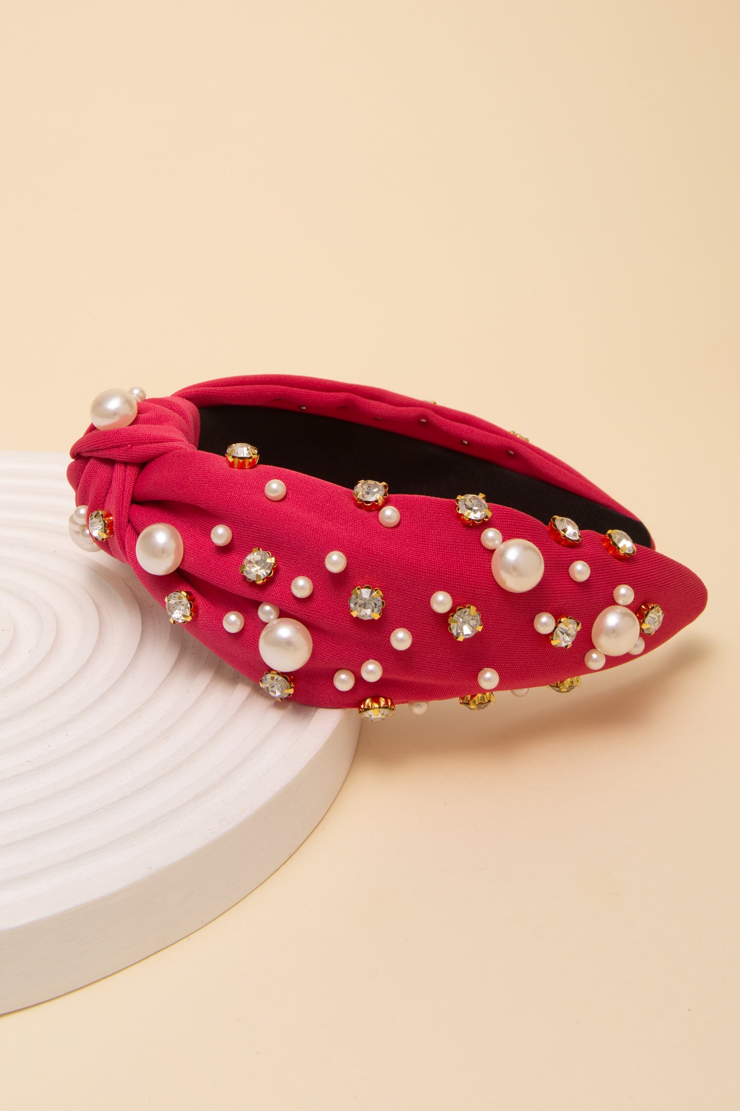 Elizabeth Rhinestone and Pearl Embellished Top Knot Headband | Fuchsia