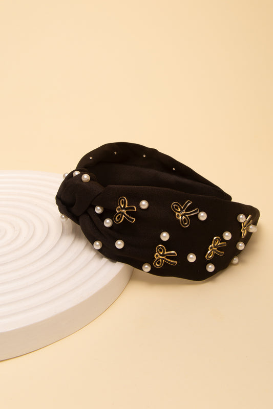 Lily Pearl and Bow Embellished Top Knot Headband | Black