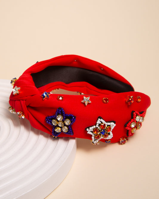 Jane American Flag Seed Bead Crystal Embellished Headband | Red