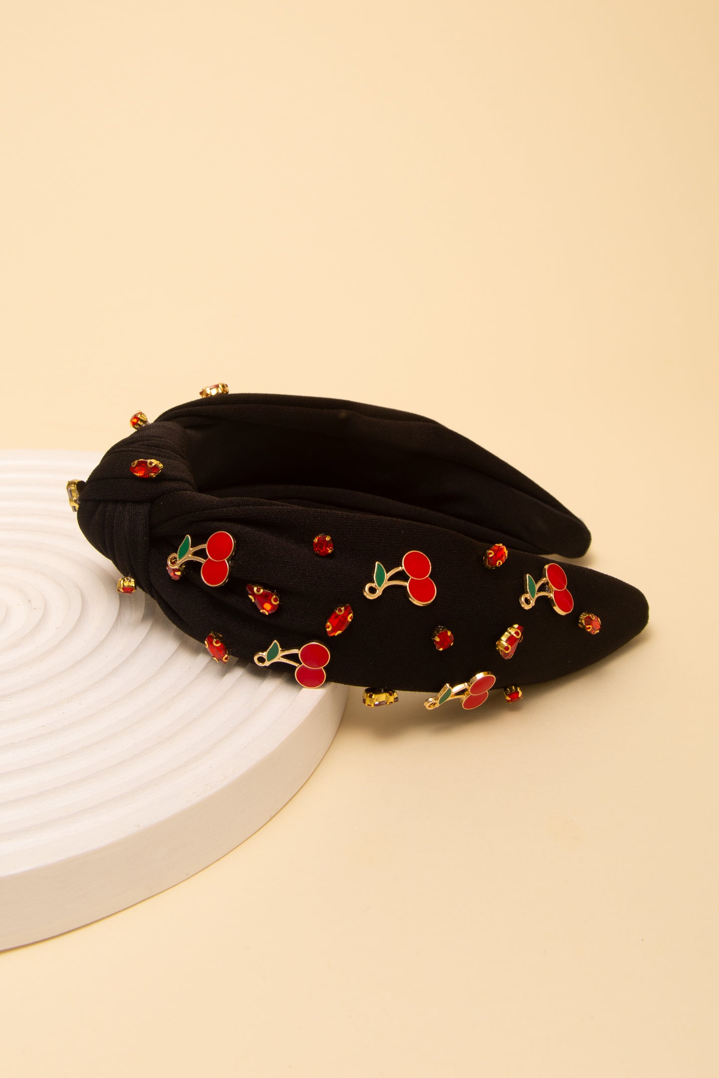 Emily Rhinestone and Cherries Embellished Top Knot Headband | Black